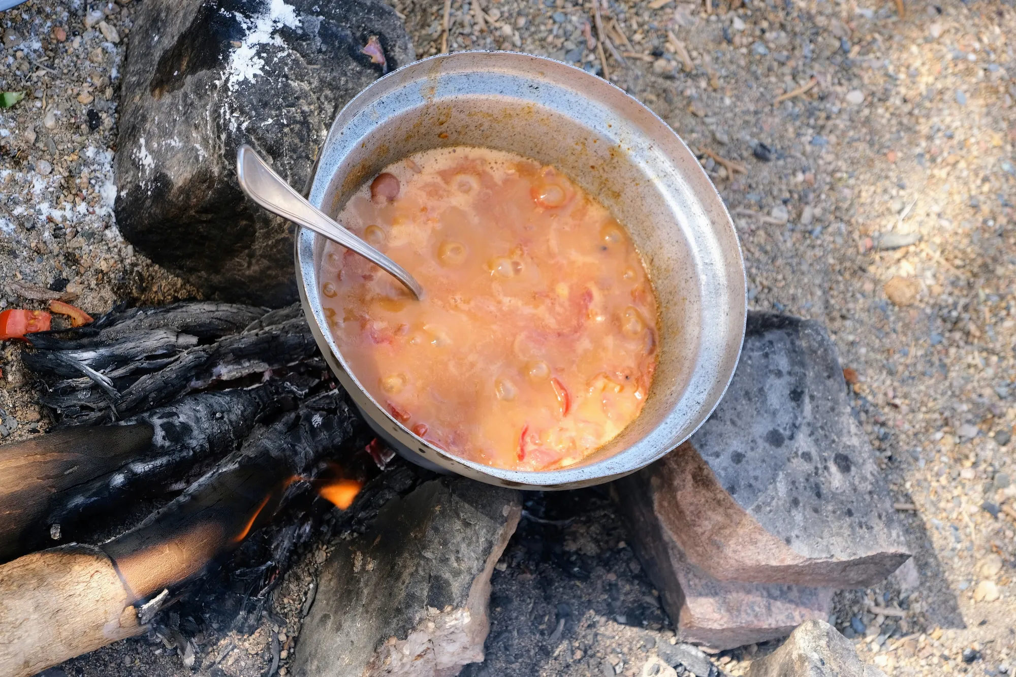 Bedouin meal, Moustafa pouring coffee from beans roasted over the fire, vegetarian stew made of beans, tomatoes, and onions