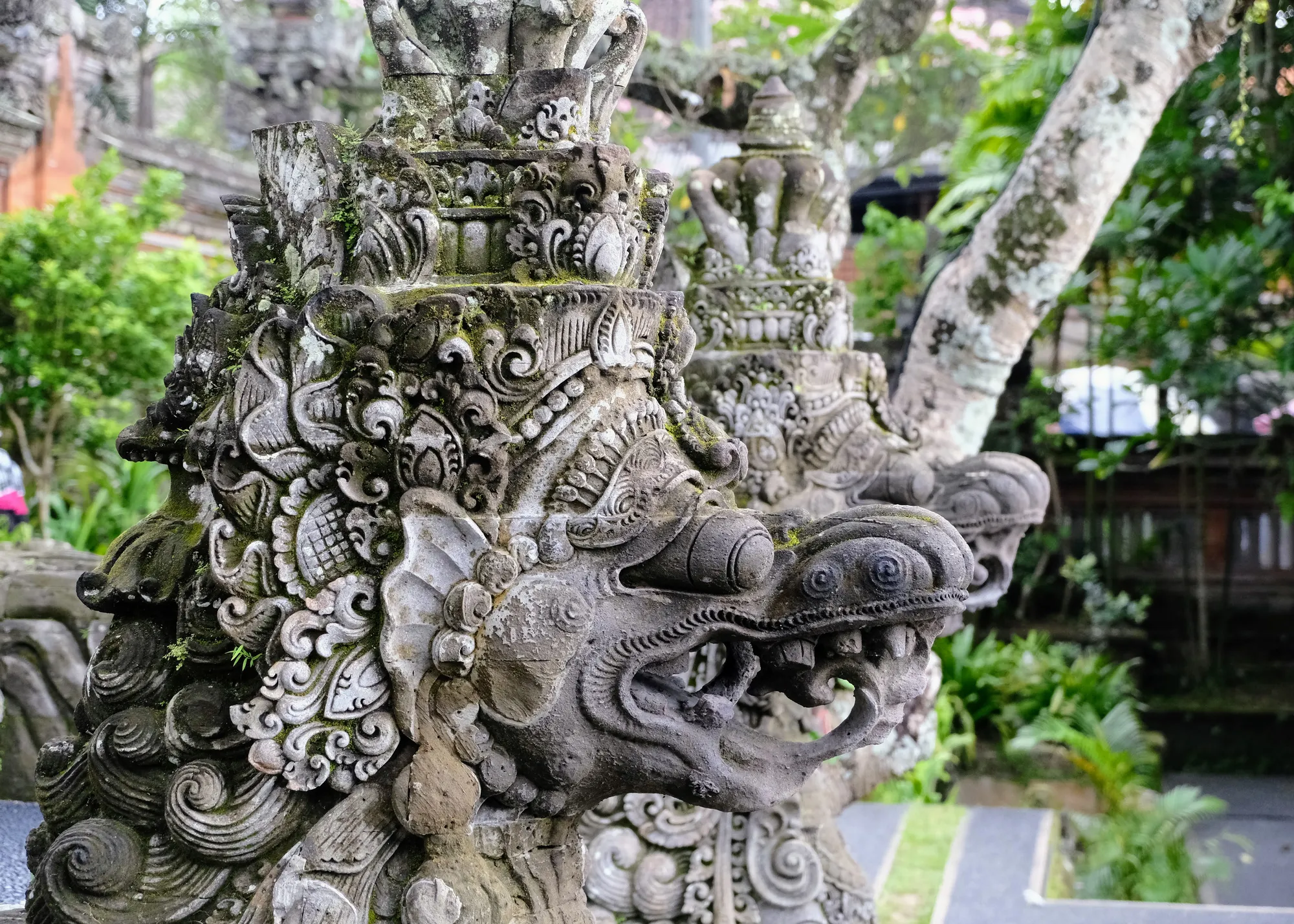 Lili pad at the lotus pond and ornamental detail at Pura Taman Saraswati